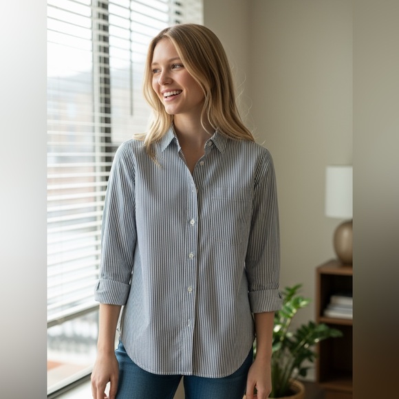 J. Crew Tops - J Crew Womens Blue White Striped Long Sleeve Classic Cotton Button Up  XS/Small